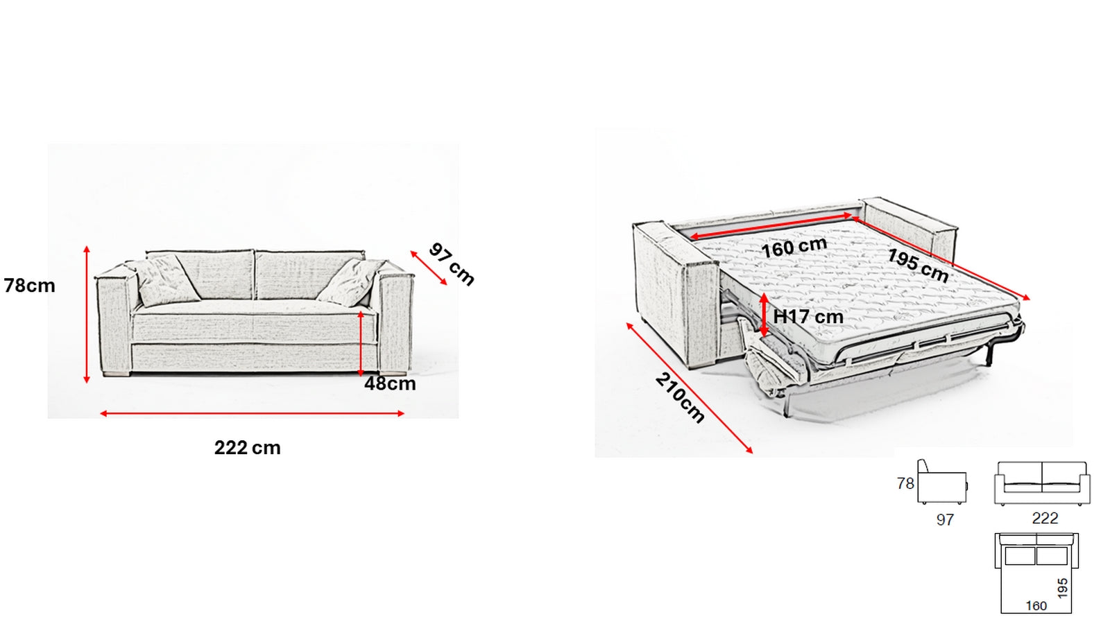 Canapé 3 places Maxi convertible express ISABELLA Bleu Nuit - Couchage 160 cm - Matelas H 17 cm