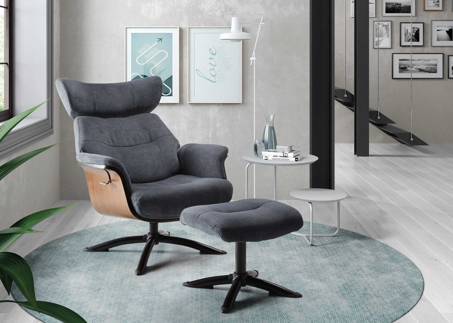 Ensemble Fauteui Relaxl "Paolo" inclinable et pivotant avec pouf de relaxation tissus coloris Gris clair